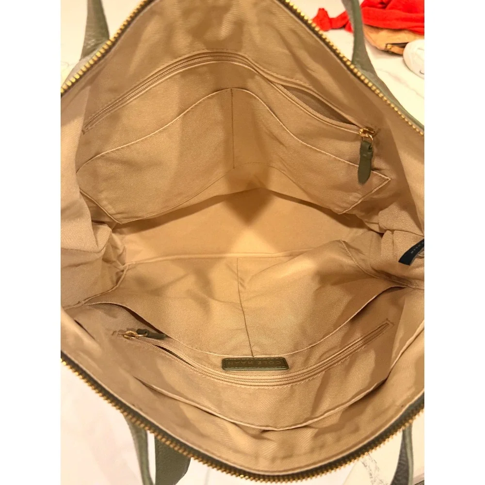 Cole Haan Grand Ambition Olive Green Pebbled Leather Backpack Bag Gold Hardware
